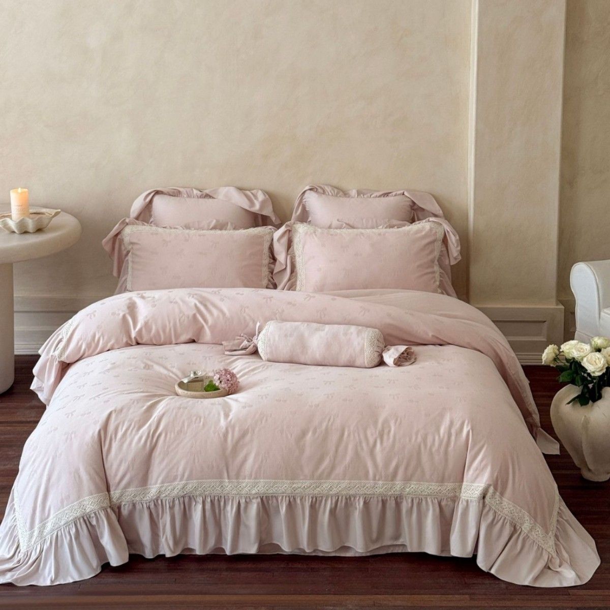 1 French Princess Style All-Cotton Brushed Four-Piece Set Girly Heart Jacquard Ruffle Edge Duvet Cover Bed Sheet Thickened Bedding_maomaolike.com