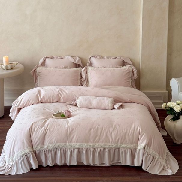 1 French Princess Style All-Cotton Brushed Four-Piece Set Girly Heart Jacquard Ruffle Edge Duvet Cover Bed Sheet Thickened Bedding_maomaolike.com