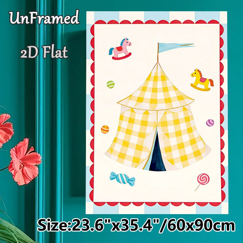 Circus Tent Themed Painting Poster, Bright Cartoon Circus Tent With Rocking Horses & Candies Poster, Playful Whimsical Decor Ideal For Home Lounge And_maomaolike.com