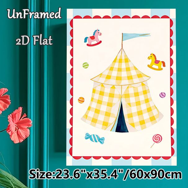 Circus Tent Themed Painting Poster, Bright Cartoon Circus Tent With Rocking Horses & Candies Poster, Playful Whimsical Decor Ideal For Home Lounge And_maomaolike.com