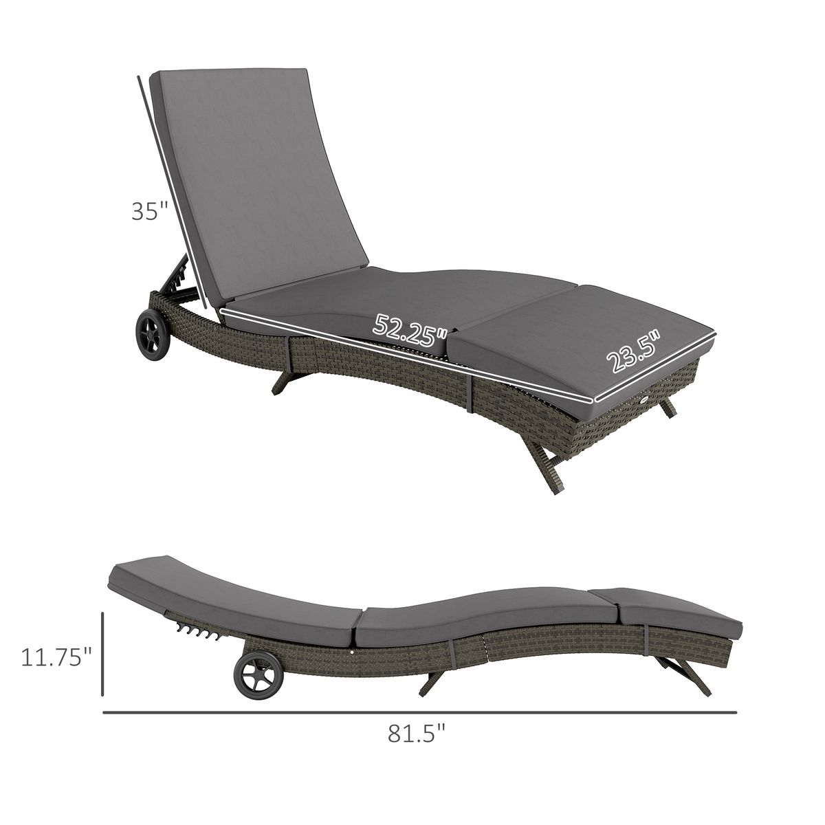 Patio Wicker Chaise Lounge Chair, Outdoor PE Rattan Sun Lounger With Adjustable Backrest And 2 Wheels, Gray_maomaolike.com