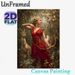 Mythological Huntress Painting Poster, Vintage Oil Style Forest Scene Poster, Elegant Huntress In Red Dress With Bow And Deer, Tasteful Decorative_maomaolike.com