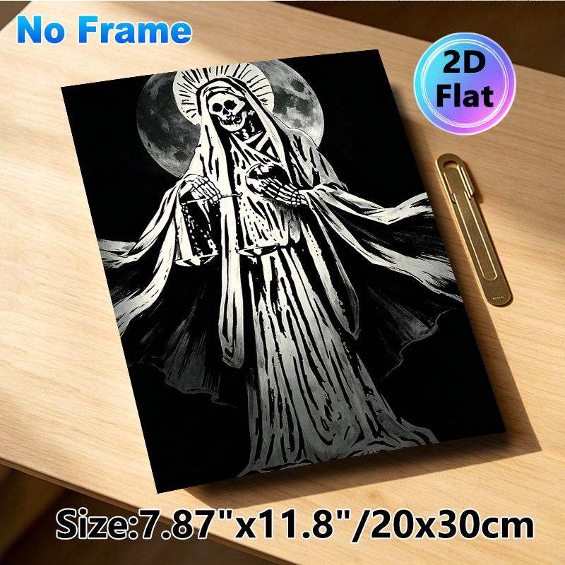 Grim Reaper Themed Painting Poster, Monochrome Dramatic Ink-wash Poster, Mysterious Robed Skull Figure With Scales And Full Moon Backdrop, Atmospheric_maomaolike.com