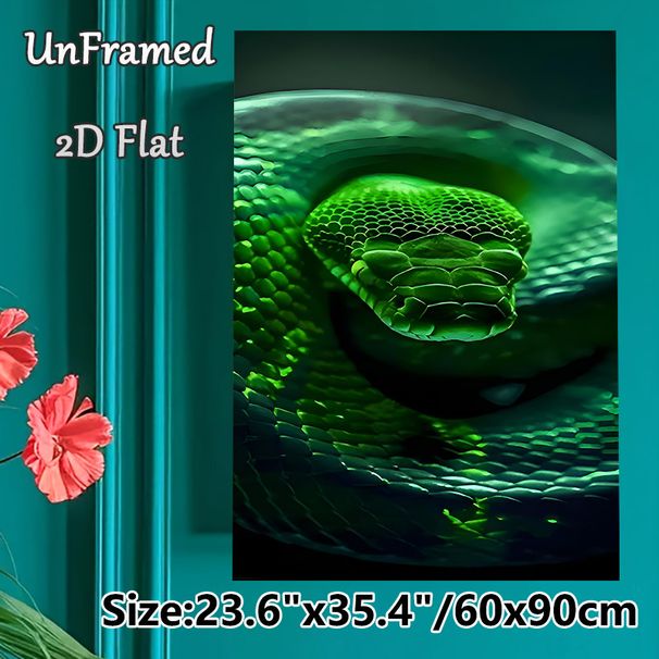 Green Snake Painting Poster, Vivid Realistic Close-up Reptile Poster, Detailed Textured Scale Design, Suitable For Home Office, Living Room Decor_maomaolike.com