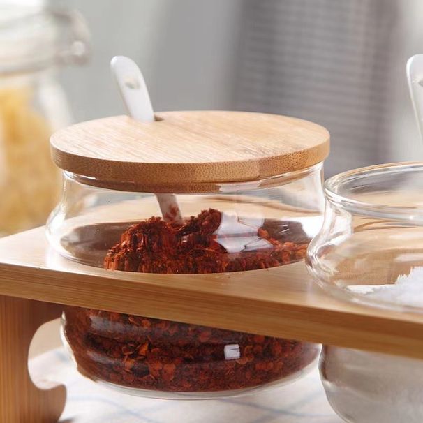 Glass Spice Jar Set Kitchen Seasoning Containers With Wooden Stand Salt Sugar Shakers Airtight Lids Easy Pour Design_maomaolike.com