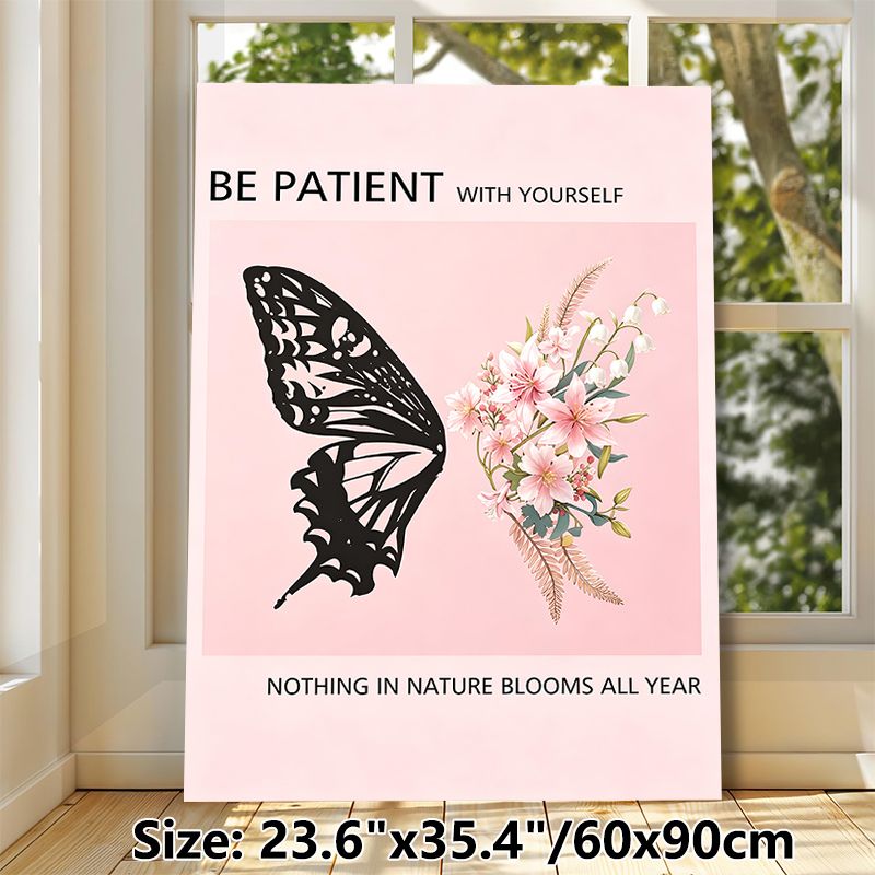 Butterfly & Floral Themed Inspirational Painting Poster, Soft Pink-toned Half Butterfly Silhouette With Blooming Flowers Poster, Gentle Motivational_maomaolike.com