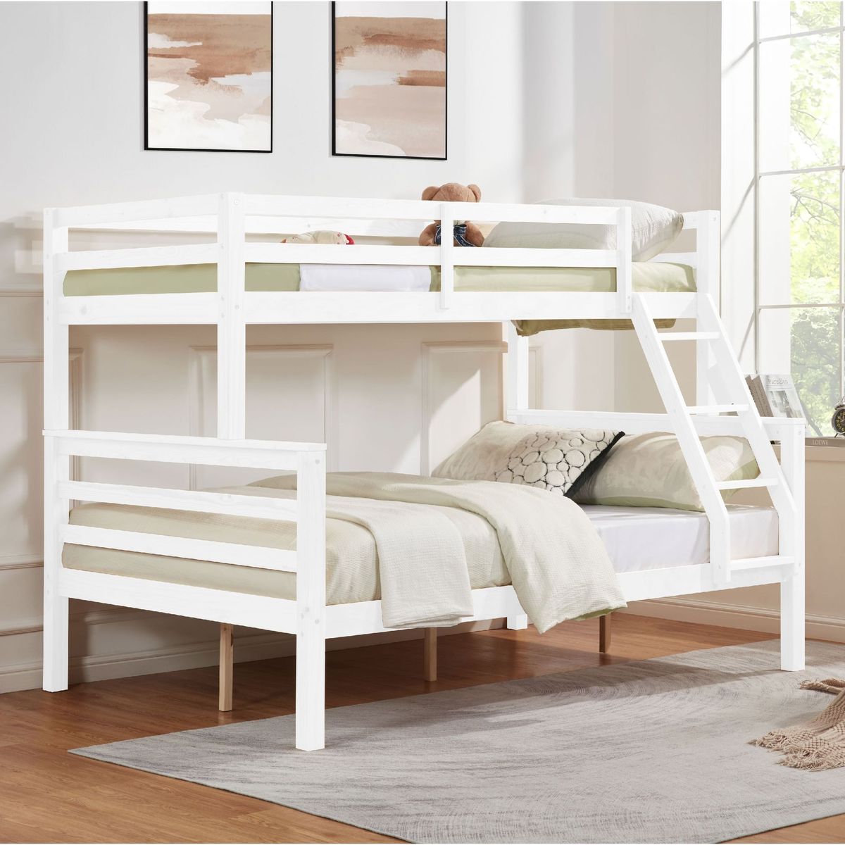 Twin Over Full Bunk Bed With Thick Posts,Wooden Bunk Bed With High Guardrail And Ladder For Kids, Teens, Dorm Rooms, And Guest Rooms,No Box Spring Needed,White_maomaolike.com