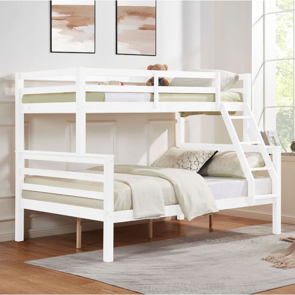 Twin Over Full Bunk Bed With Thick Posts,Wooden Bunk Bed With High Guardrail And Ladder For Kids, Teens, Dorm Rooms, And Guest Rooms,No Box Spring Needed,White_maomaolike.com