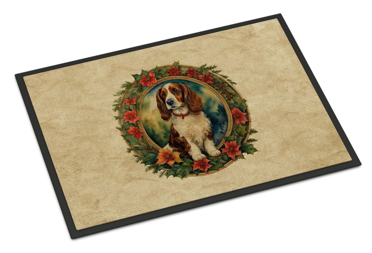 Welsh Springer Spaniel Christmas Flowers Doormat Front Door Mat Indoor Outdoor Rugs For Entryway, Non Slip Washable Low Pile, 24H X 36W_maomaolike.com