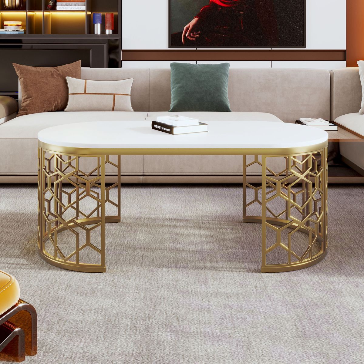 Modern Oval Coffee Table With Cut-Out Pattern Metal Stainless Steel Frame In 47.2"_maomaolike.com