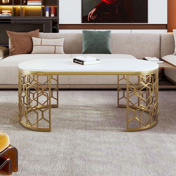 Modern Oval Coffee Table With Cut-Out Pattern Metal Stainless Steel Frame In 47.2"_maomaolike.com