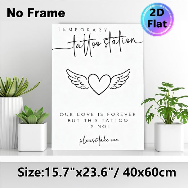 Temporary Tattoo Station Painting Poster, Minimalist Black & White Winged Heart Poster, Love-themed Decorative Sign Suitable For Wedding Receptions_maomaolike.com