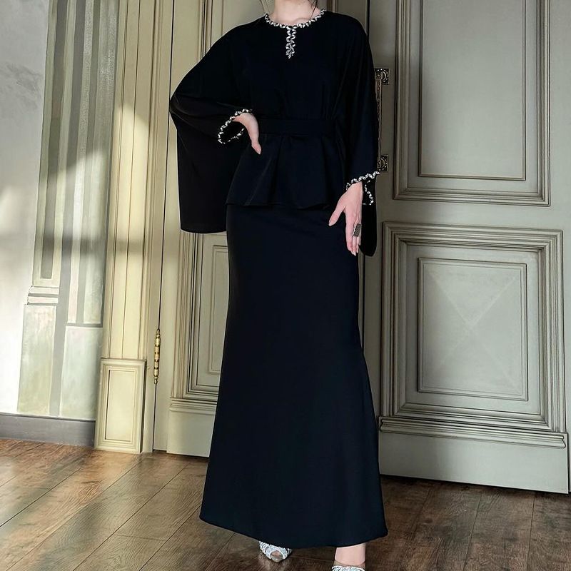 Women's Clothing Autumn New Round Neck Bat Sleeve Waist Slim Dress Suit for Women_maomaolike.com