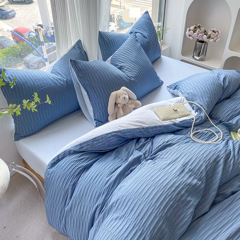 Home Garden Simple Seersucker Home Textile Four Piece Bedding Set Pleated Washed Cotton Bedding Quilt Cover Bed Sheet Bed Sheet_maomaolike.com