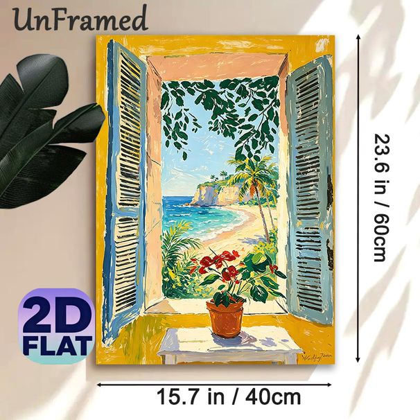Coastal Window View Painting Poster, Vibrant Impressionist-style Poster, Scenic Seaside Beach With Lush Foliage & Potted Red Blooms, Brings Tranquil_maomaolike.com