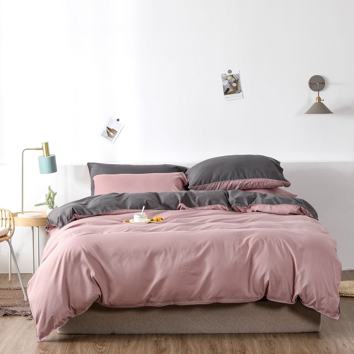 Home Furniture Simple Solid Color Sanded Double Stitching Craft Three Piece Pillowcase Quilt Cover Set_maomaolike.com