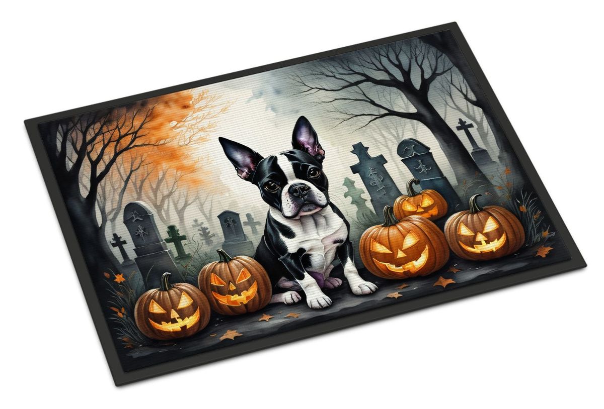 Boston Terrier Spooky Halloween Doormat Front Door Mat Indoor Outdoor Rugs For Entryway, Non Slip Washable Low Pile, 24H X 36W_maomaolike.com