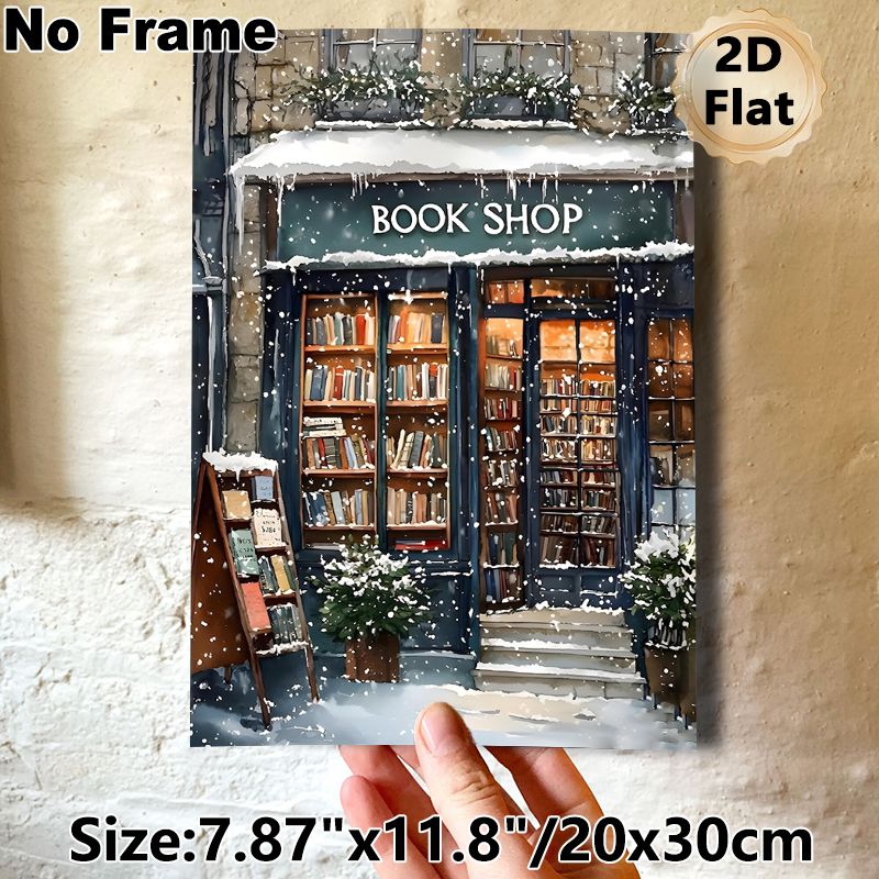 Winter Book Shop Painting Poster, Warm Watercolor Cozy Snow-covered Bookstore Scene Poster, Gentle Winter Ambiance Decor For Living Room, Study_maomaolike.com