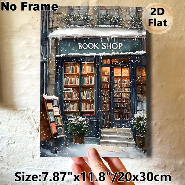 Winter Book Shop Painting Poster, Warm Watercolor Cozy Snow-covered Bookstore Scene Poster, Gentle Winter Ambiance Decor For Living Room, Study_maomaolike.com