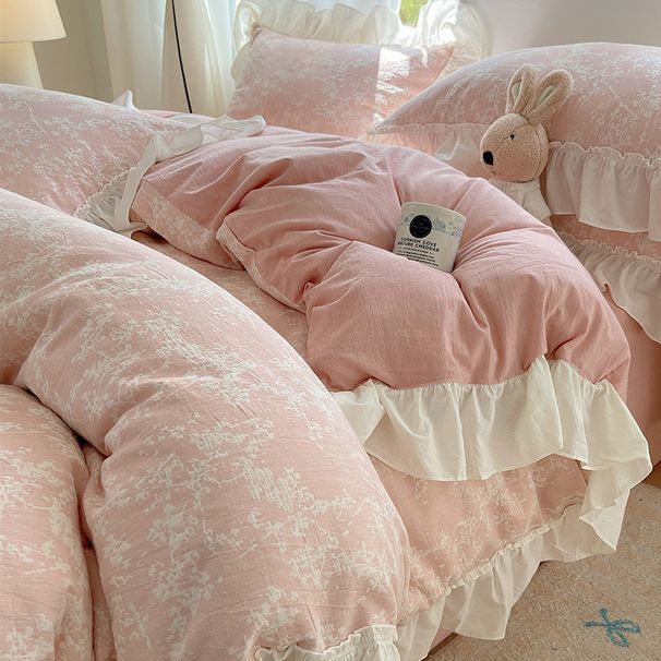 Wholesale INS French Retro Pastoral Style Soft Three-Layer Gauze 4-Piece Ruffled Pure Cotton Floral Four-Piece Set_maomaolike.com