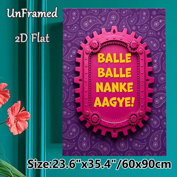 Balle Balle Nanke Aagye Themed Painting Poster, Vibrant Steampunk-style Pink Gear-framed With Purple Paisley Background Poster, Eye-catching Cultural_maomaolike.com