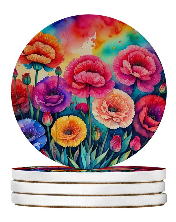 Colorful Carnations Large Sandstone Coasters Pack Of 4 Absorbent Round Coasters Decor Gifts For Men Or Women, 4 In, Multicolor_maomaolike.com