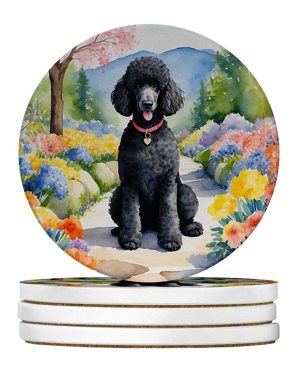 Black Poodle Spring Path Large Sandstone Coasters Pack Of 4 Absorbent Round Coasters Decor Gifts For Men Or Women, 4 In, Multicolor_maomaolike.com