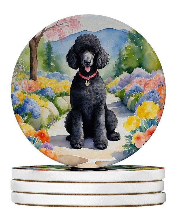Black Poodle Spring Path Large Sandstone Coasters Pack Of 4 Absorbent Round Coasters Decor Gifts For Men Or Women, 4 In, Multicolor_maomaolike.com