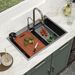 33in. *22in.*10in. Drop In 304 Stainless Steel Workstation Kitchen Sink With Dual Built-in Ledge, Top Mount Single Bowl Workstation Sink With Pull-Out Spray Head Faucet And Rainfall Faucet ,Cup Washer_maomaolike.com