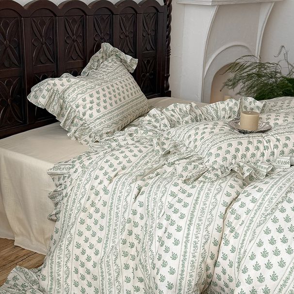 Wholesale INS French Princess Style Soft Naked Sleep Double Layer Gauze Full 4-Piece Ruffled Pure Cotton Floral Four-Piece Set_maomaolike.com