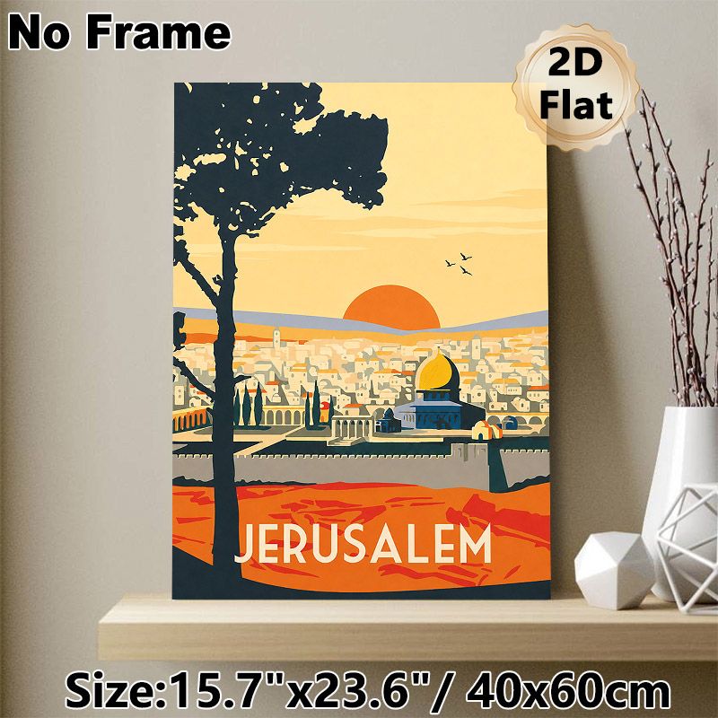 Jerusalem Cityscape Painting Poster, Warm-toned Vintage Travel Style Poster, Captivating Sunset-over-city View With Iconic Domed Building, Ideal For_maomaolike.com