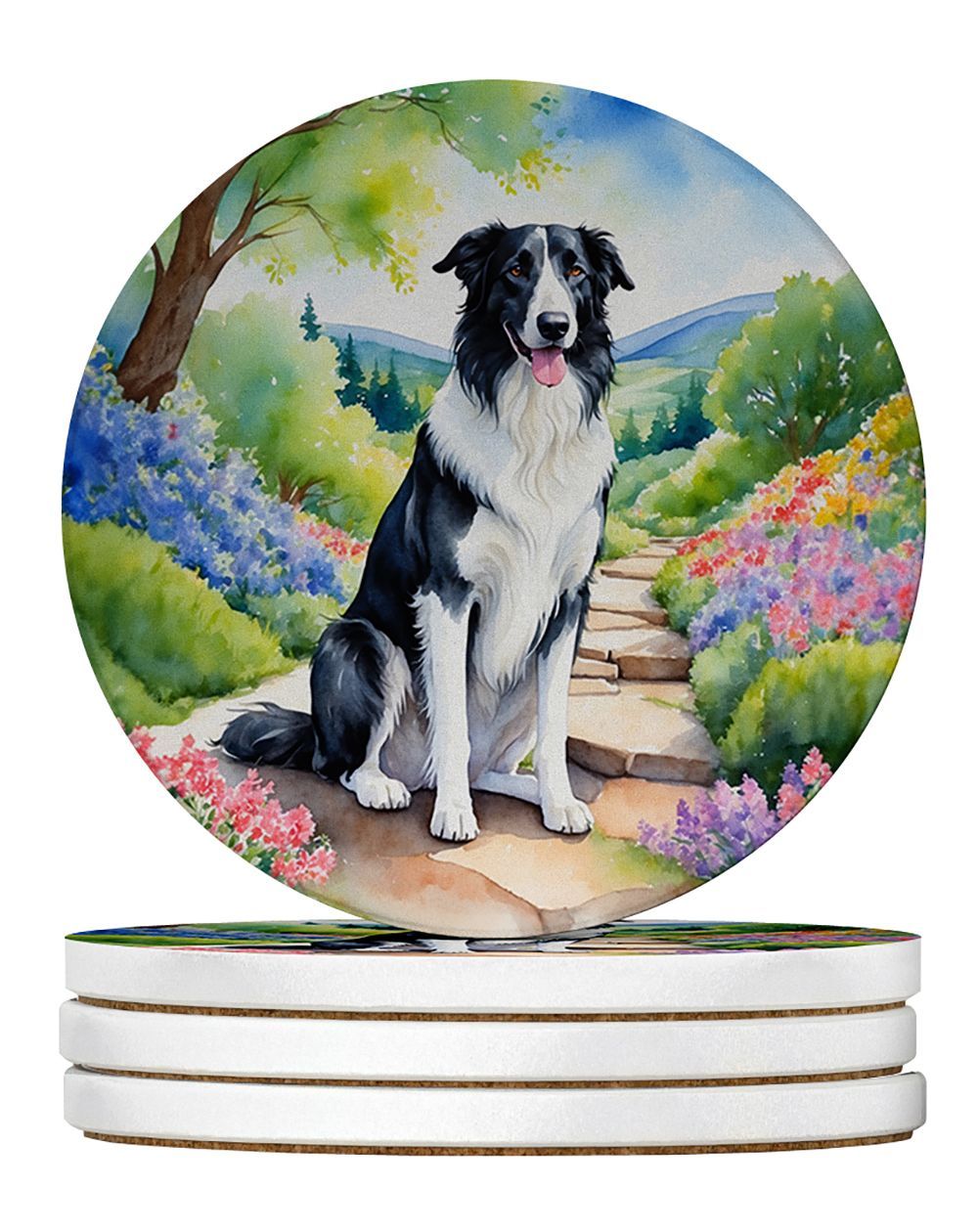 Borzoi Spring Path Large Sandstone Coasters Pack Of 4 Absorbent Round Coasters Decor Gifts For Men Or Women, 4 In, Multicolor_maomaolike.com