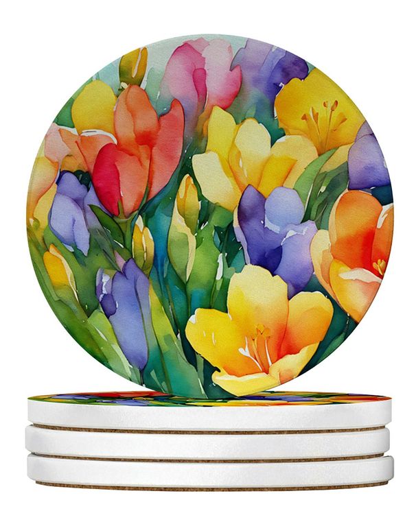 Freesias In Watercolor Large Sandstone Coasters Pack Of 4 Absorbent Round Coasters Decor Gifts For Men Or Women, 4 In, Multicolor_maomaolike.com
