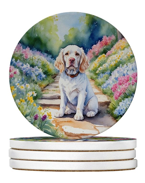 Clumber Spaniel Spring Path Large Sandstone Coasters Pack Of 4 Absorbent Round Coasters Decor Gifts For Men Or Women, 4 In, Multicolor_maomaolike.com