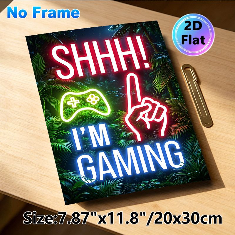 Gaming Themed Painting Poster, Neon-style Vibrant Jungle Backdrop With Game Controller & "Shhh! I'm Gaming" Text Poster, Eye-catching Decorative Piece_maomaolike.com
