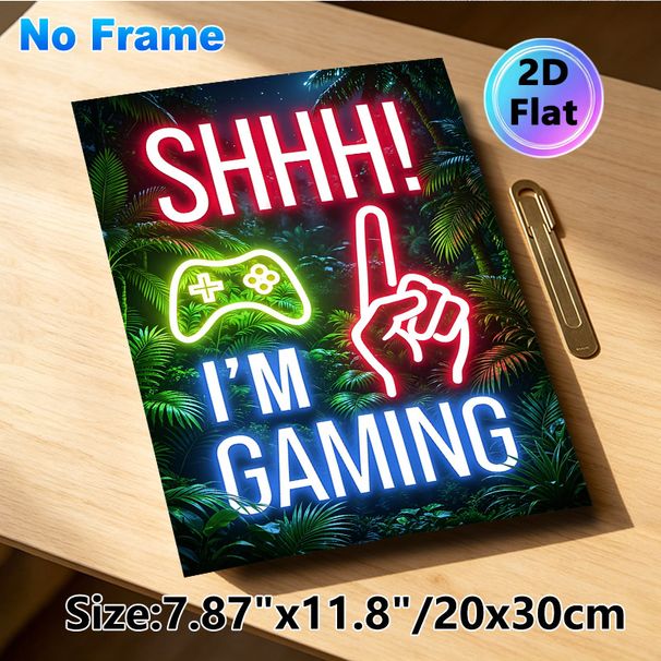 Gaming Themed Painting Poster, Neon-style Vibrant Jungle Backdrop With Game Controller & "Shhh! I'm Gaming" Text Poster, Eye-catching Decorative Piece_maomaolike.com
