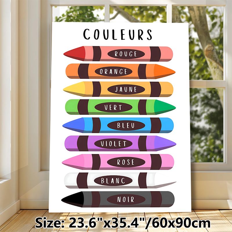 French Color Crayons Painting Poster, Vibrant Flat-style Colorful French-labeled Crayons Poster, Assists With French Color Vocabulary Learning, Ideal_maomaolike.com