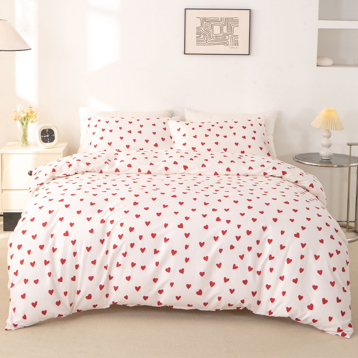3pcs/set Small Red Heart Printed Set(1 & 2 Pillowcase)Soft And Skin-Friendly Duvet Cover Bedding Set For_maomaolike.com