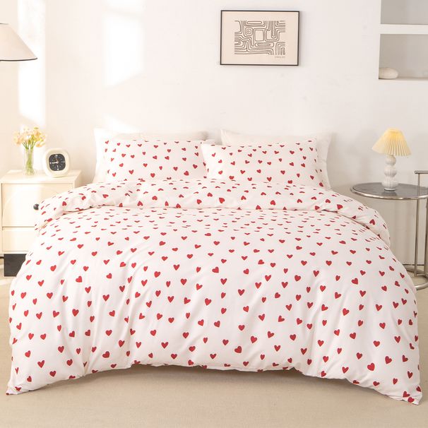 3pcs/set Small Red Heart Printed Set(1 & 2 Pillowcase)Soft And Skin-Friendly Duvet Cover Bedding Set For_maomaolike.com