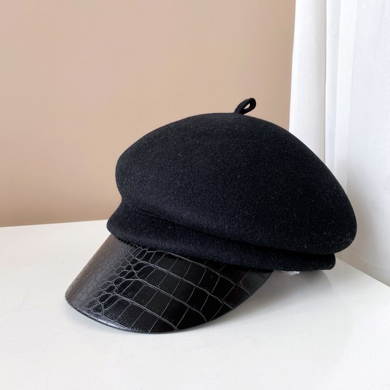 Hot Sale High quality fashion leather brim beret Australian wool newsboy British knight hat Women's street cap_maomaolike.com