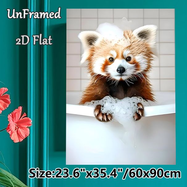 Red Panda Bathing Painting Poster, Cute Realistic Fluffy Red Panda With Bath Bubbles In Bathtub Poster, Brings Playful Warm Ambiance, Ideal For_maomaolike.com