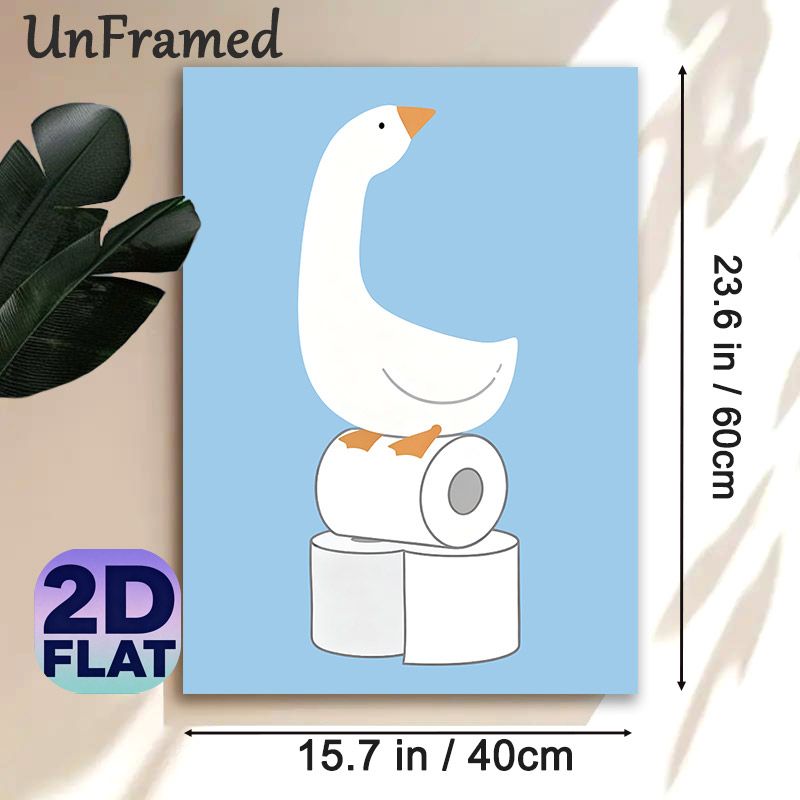 Goose & Toilet Paper Themed Painting Poster, Cute Cartoon Style Poster, Playful White Goose Perched On Toilet Rolls Design, Ideal Lighthearted Decor_maomaolike.com