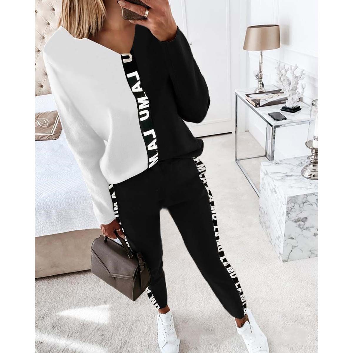 Women's yarn-dyed ribbon splicing long sleeve T-shirt pencil pants casual suit_maomaolike.com