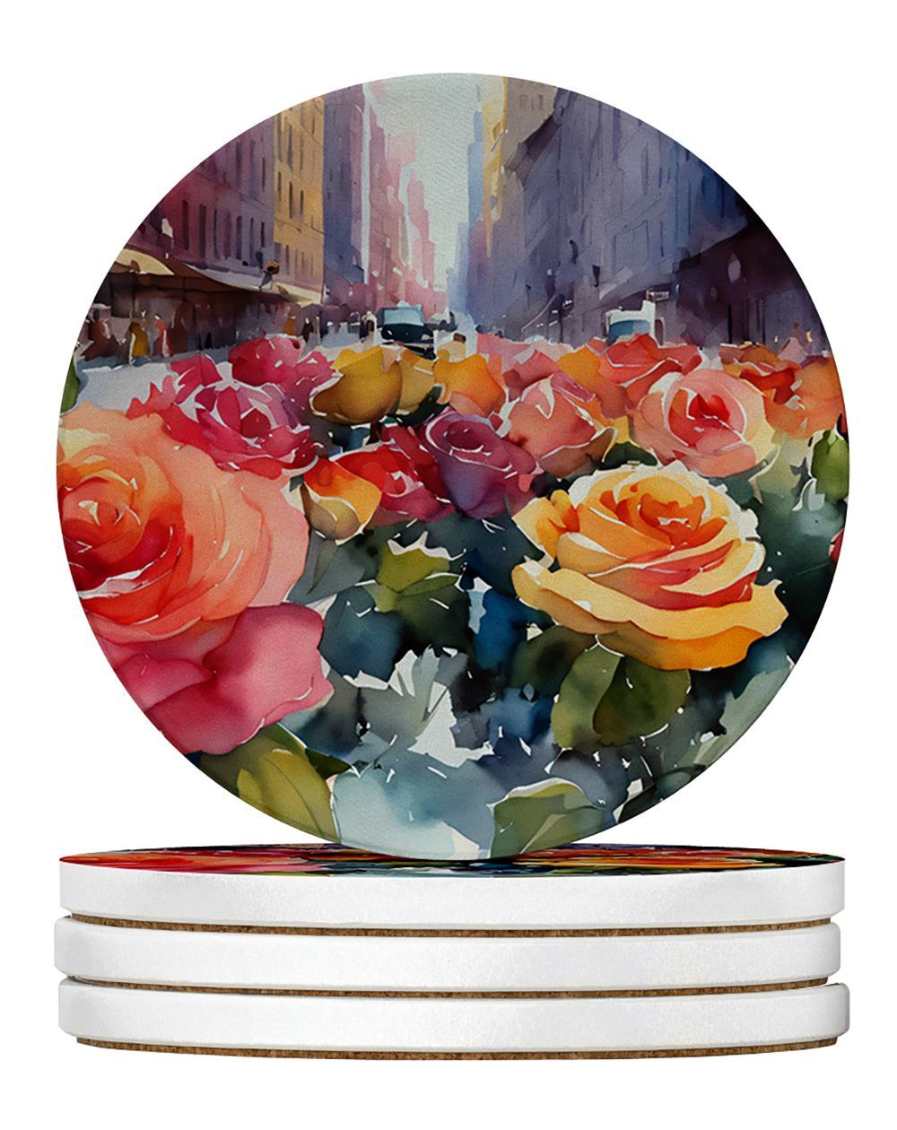 New York Roses In Watercolor Large Sandstone Coasters Pack Of 4 Absorbent Round Coasters Decor Gifts For Men Or Women, 4 In, Multicolor_maomaolike.com