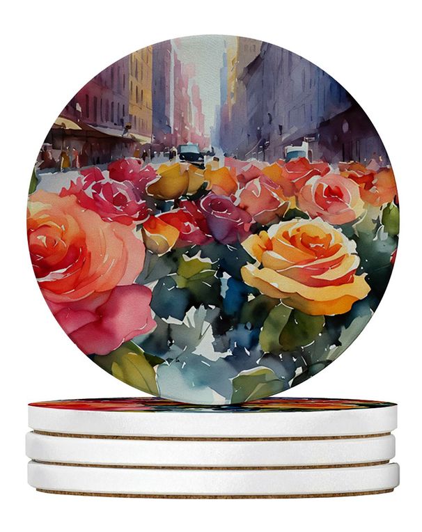 New York Roses In Watercolor Large Sandstone Coasters Pack Of 4 Absorbent Round Coasters Decor Gifts For Men Or Women, 4 In, Multicolor_maomaolike.com