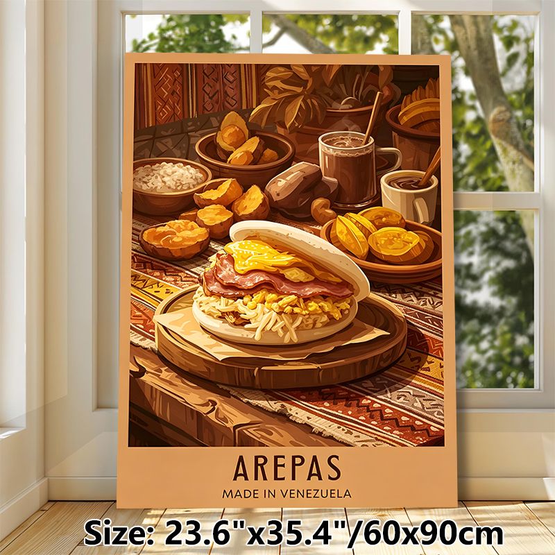 Venezuelan Arepas Painting Poster, Warm-toned Illustrative Rich Venezuelan Feast Scene Poster, Appealing Culinary Wall Decor For Kitchen, Dining Room_maomaolike.com