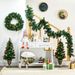 HOMCOM Prelit Holiday Christmas 4-Piece Set, Garland Wreath And Set Of 2 Entrance Trees With Warm White LED Lights, Red Berries, Pine Cones, Green_maomaolike.com