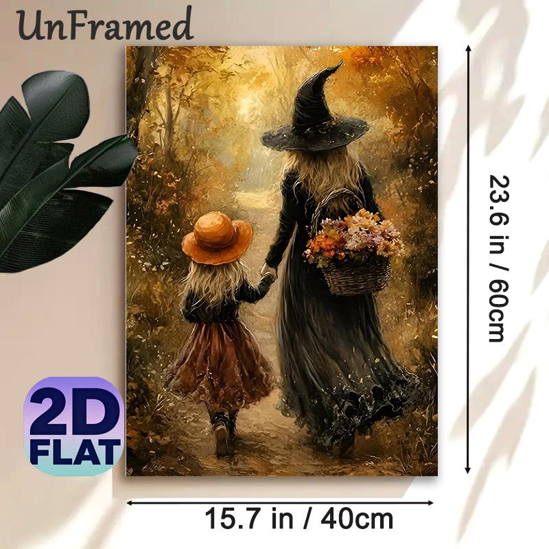 Autumn Witch Themed Painting Poster, Warm-toned Whimsical Forest Walk Scene Poster, Cozy Fall-inspired Artwork Ideal For Home Wall Decor And Halloween_maomaolike.com