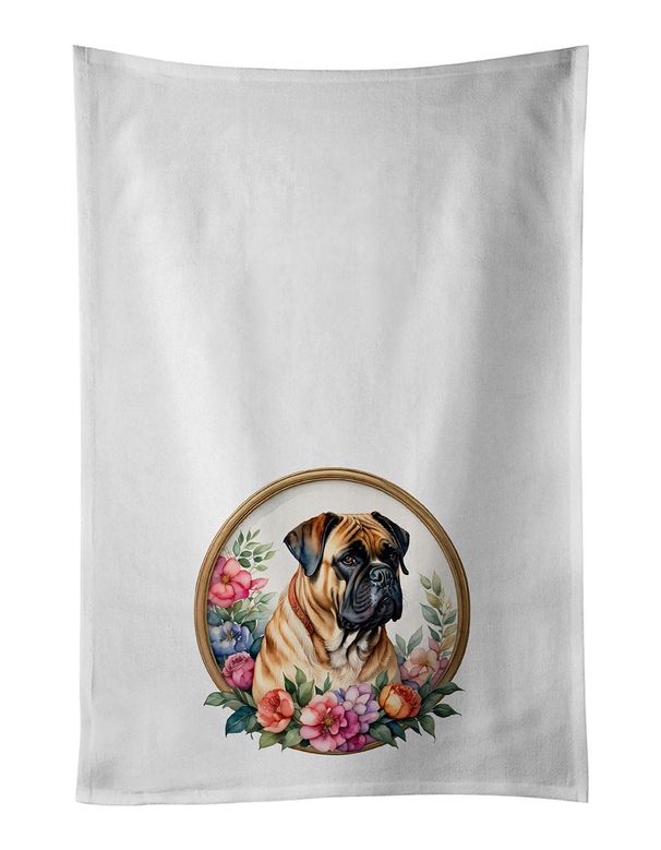 Bullmastiff And Flowers Kitchen Towel Set Of 2 White Dish Towels Decorative Bathroom Hand Towel For Hand, Face, Hair, Yoga, Tea, Dishcloth, 19 X 28", White_maomaolike.com