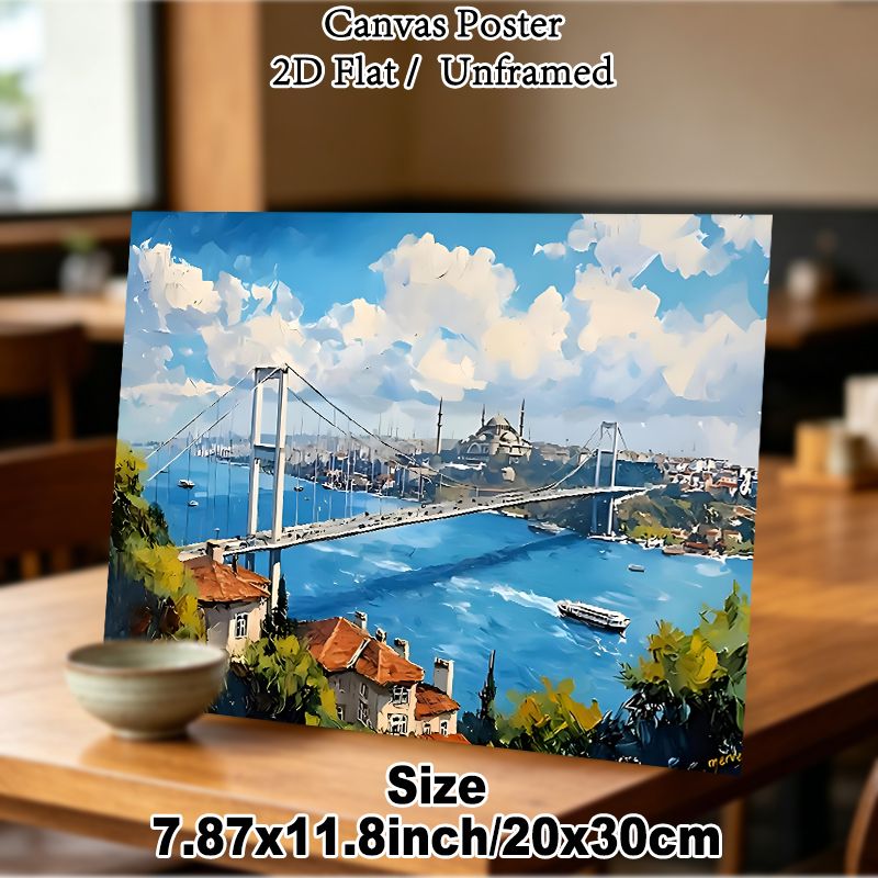 Bosphorus Bridge Cityscape Painting Poster, Vibrant Impressionist-style Scenic Bridge Over Blue Waters With Coastal Houses And Mosque Poster_maomaolike.com